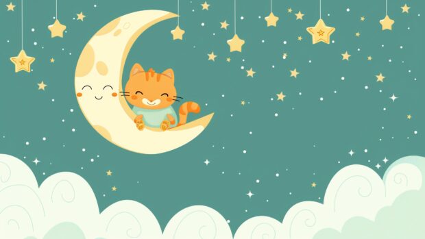 A Kawaii cat sitting on a crescent moon, surrounded by twinkling stars and dreamy pastel clouds.