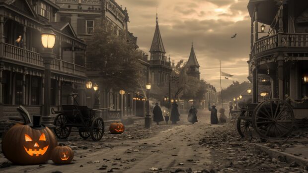 A Victorian era scene with ghosts and goblins roaming the streets, Vintage Halloween Wallpaper.