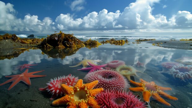 A beach 4K background with tide pools filled with starfish and sea anemones.