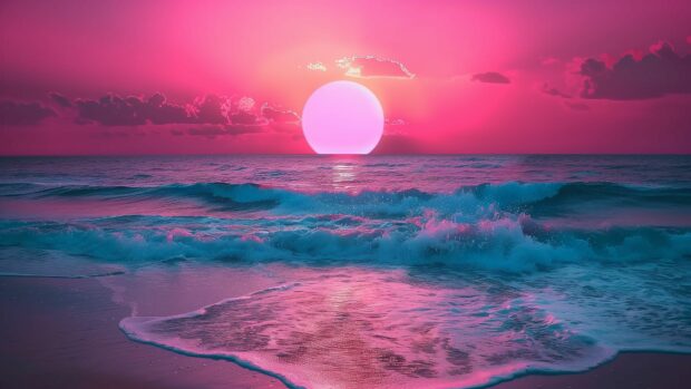 A beach Computer Desktop Wallpaper 4K with Pink Sunset, calm ocean waves, pastel sky, glowing sun.