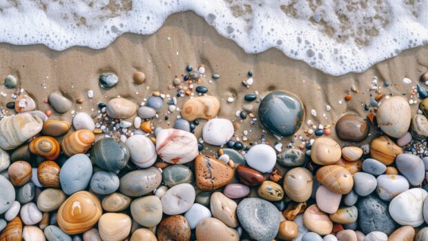 A beach with smooth, colorful pebbles and gentle waves lapping the shore.