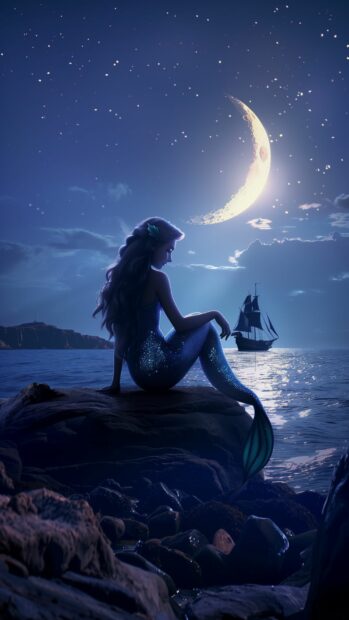 A beautiful mermaid princess sitting on a rocky outcrop, gazing at a distant ship on the horizon.