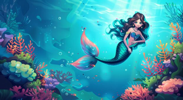 A beautiful mermaid swimming gracefully through an underwater coral reef.