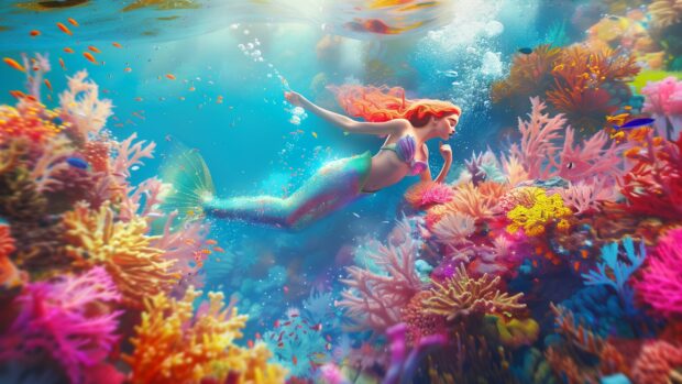 A beautiful mermaid swimming gracefully through an underwater coral reef.