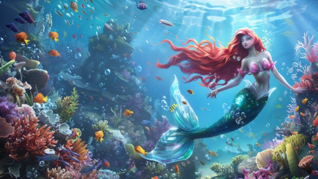 A beautiful mermaid swimming gracefully through an underwater coral reef, Cartoon character Wallpaper.