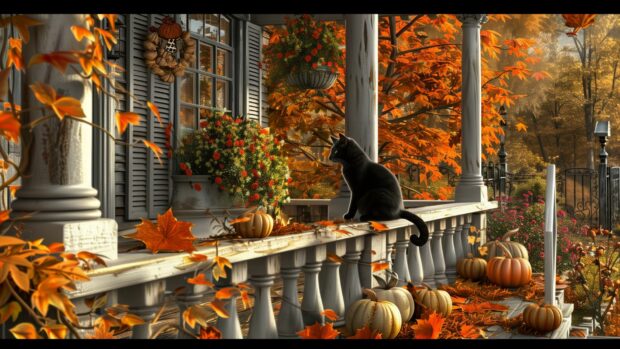 A black cat on a Victorian style porch surrounded by autumn leaves and pumpkins, vintage Halloween Wallpaper.