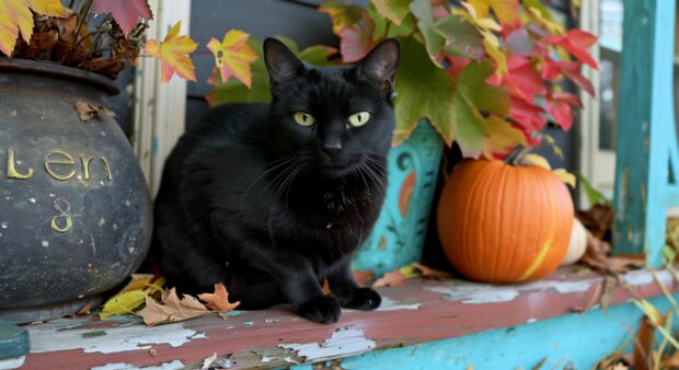 A black cat on a Victorian style porch surrounded by autumn leaves and pumpkins, vintage Halloween wallpaper.