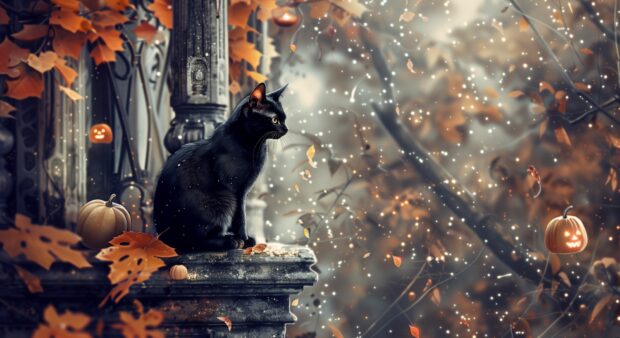 A black cat surrounded by autumn leaves and pumpkins.