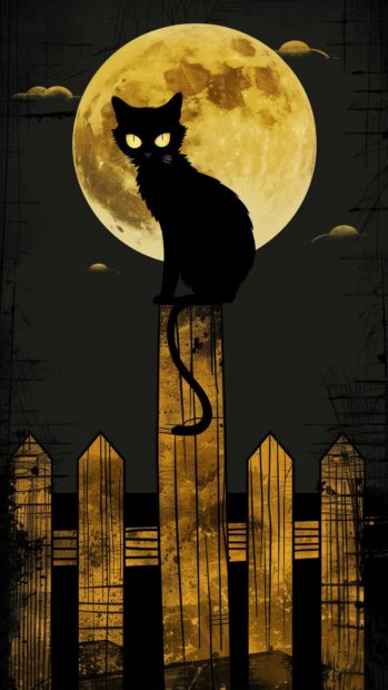 A black cat with glowing eyes perched on a fence under a full moon.