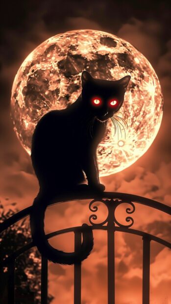 A black cat with glowing eyes perched on a fence under a full moon, Cartoon style for Halloween iPhone Background.