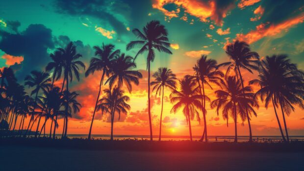 A breathtaking sunset over a tropical beach with palm trees silhouetted against the vibrant sky 4.