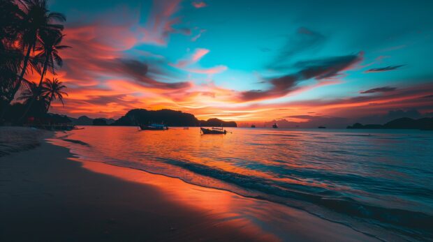 A breathtaking sunset over a tropical beach with palm trees silhouetted against the vibrant sky.