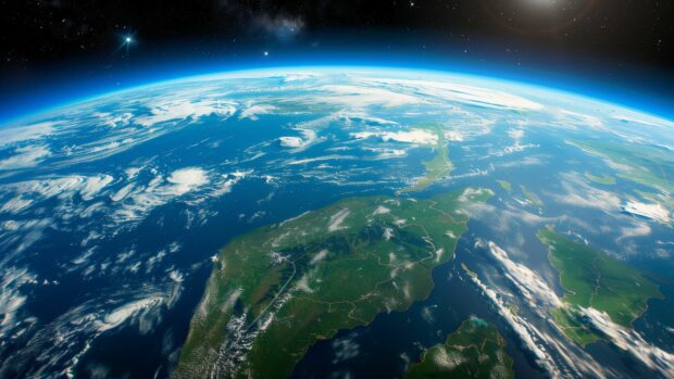 A breathtaking view of Earth from space 1920x1080 wallpaper, with vibrant blue oceans and lush green continents, set against the dark expanse of the cosmos.