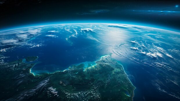 A breathtaking view of Earth from space wallpaper, with vibrant blue oceans and lush green continents, set against the dark expanse of the cosmos.