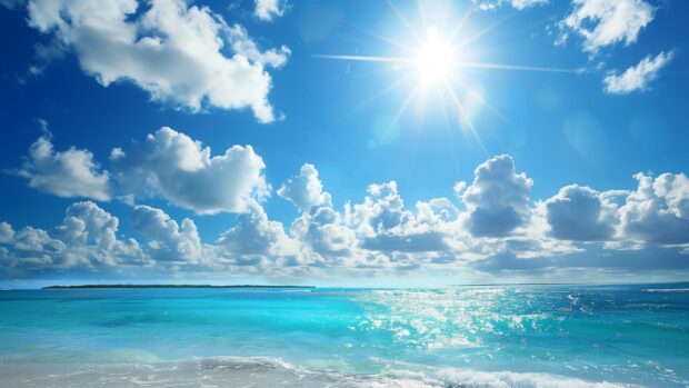 A bright and sunny day over a clear blue ocean background.