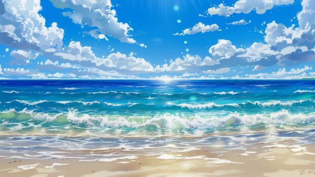 A bright sunny day over a clear blue ocean wallpaper with light waves lapping at the shore.