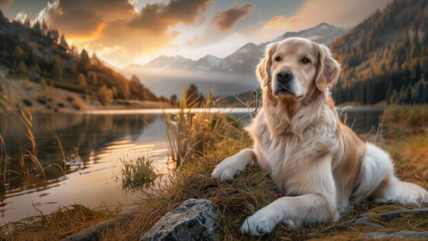 A calm cool dog sitting by a lake during sunset with warm tones in the sky.