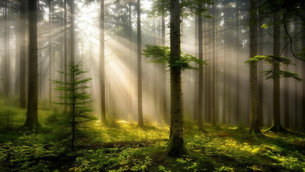A calm forest Desktop Wallpaper with rays of sunlight piercing through the fog.