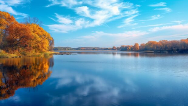 A calm lake Calm Desktop Wallpaper surrounded by autumn foliage with reflections in the water.
