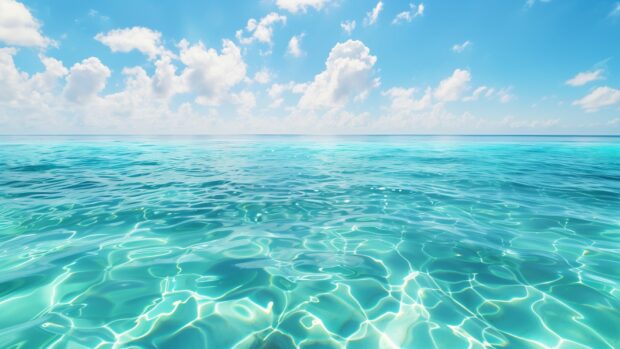 A calm ocean background with crystal clear turquoise water and a clear blue sky.