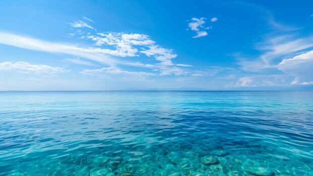 A calm ocean desktop wallpaper with crystal clear turquoise water and a clear blue sky.