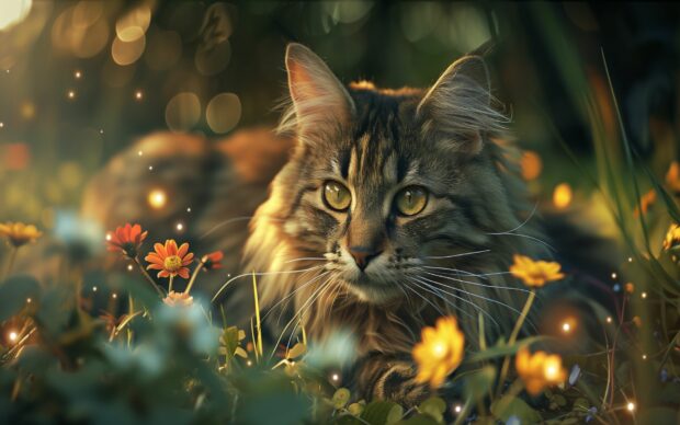 A cat exploring a mystical forest with glowing plants and flowers, cool cat background.