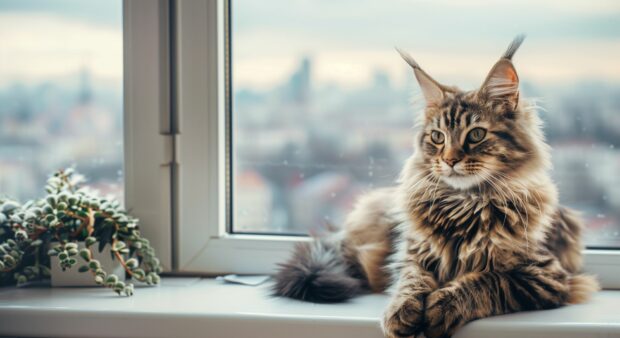 A cat sitting on a windowsill with a city skyline in the background, cool cat desktop wallpaper.