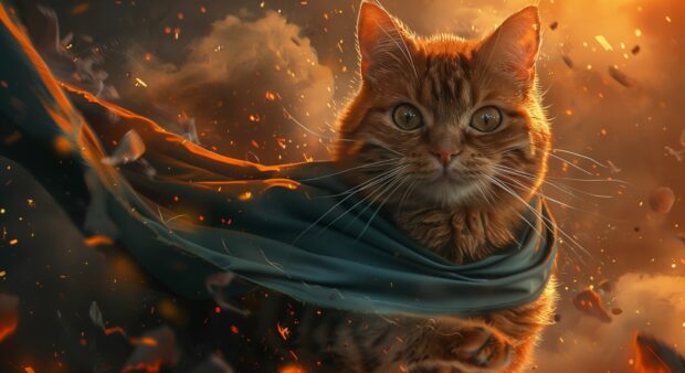 A cat wearing a superhero cape, ready for an adventure, cool cat desktop HD wallpaper.