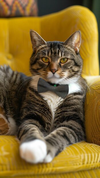 A cat with a bowtie sitting on a chair.