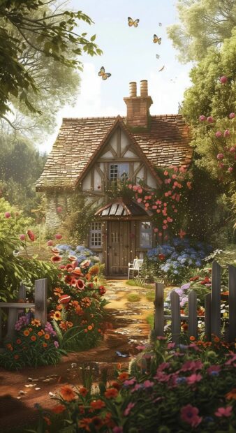 A charming country cottage surrounded by a vibrant flower garden.