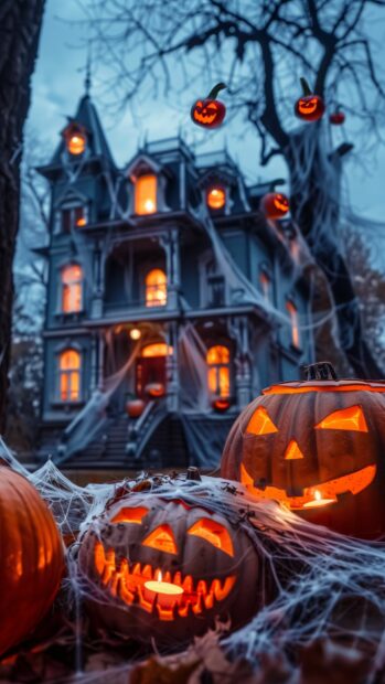 A classic haunted house with cobwebs and eerie lighting, surrounded by vintage jack o lanterns, vintage colors.