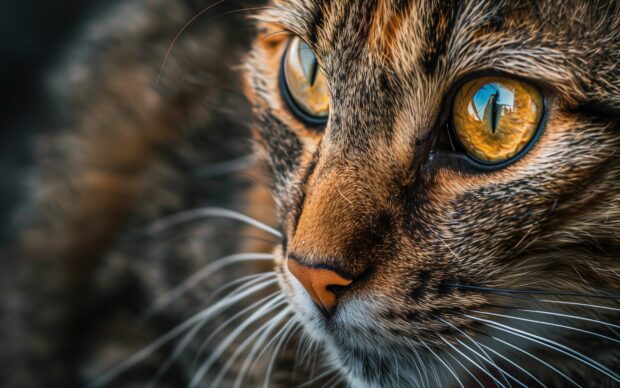 A close up of a cool cat’s face with striking eyes and intricate fur details.
