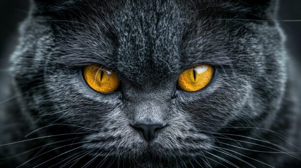 A close up of a cool cat’s face with striking eyes and intricate fur details, Desktop Wallpaper.