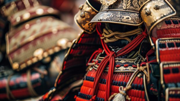 A close up of a samurai armor, showcasing intricate details and craftsmanship, 4K Desktop Samurai Wallpaper.