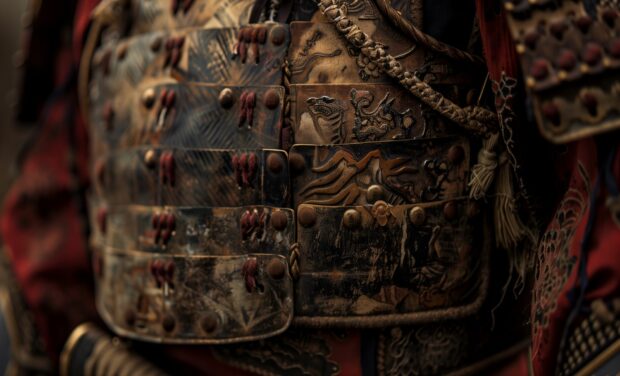 A close up of a samurai's armor, showcasing intricate details and craftsmanship.