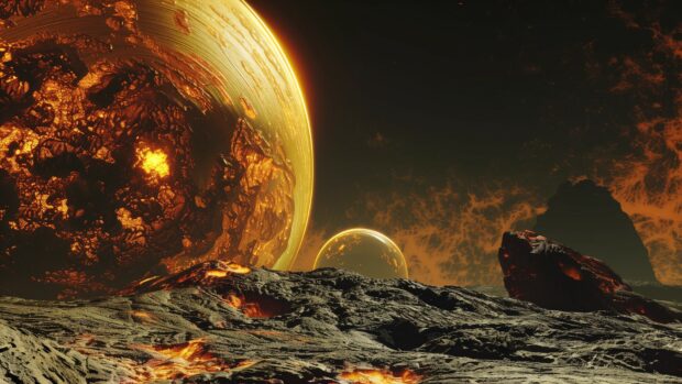 A close up of an exoplanet HD wallpaper with unique geological features and an alien sky.