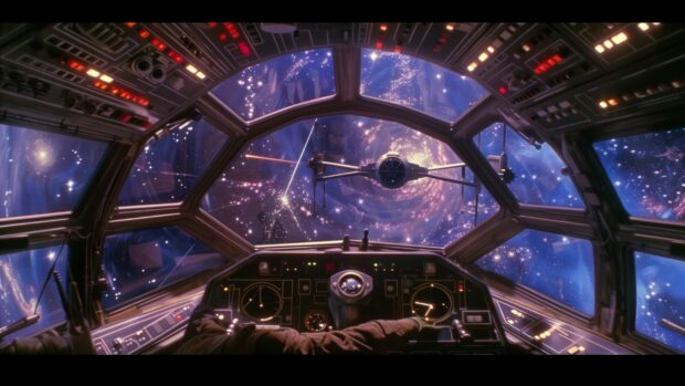 A close up view of an X Wing cockpit, with the pilot preparing for battle and the stars and enemy ships visible through the window, Star Wars space background.