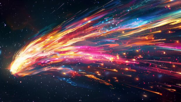 A colorful image of a comet with its tail streaking across the night sky of Space HD Wallpaper for desktop.
