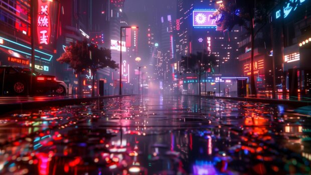 A cool background futuristic cityscape at night, with neon lights reflecting off wet pavement.