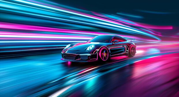 A cool car racing down a neon lit city street at night.