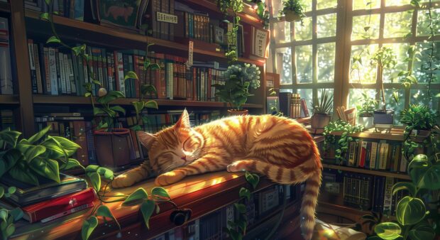 A cool cat napping in a cozy, sunlit room filled with plants and books.