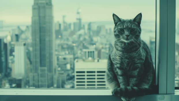 A cool cat sitting on a windowsill with a city skyline in the background.