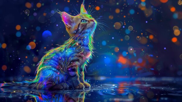 A cool digital art of a cat with a galaxy themed fur pattern, sitting under a starry sky, HD Wallpaper.
