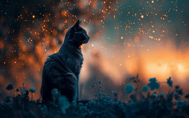 A cool digital art of a cat with a galaxy themed fur pattern, sitting under a starry sky, cool cat HD background.