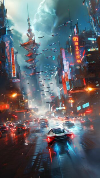 A cool futuristic cityscape background with neon lights and flying cars in a vibrant night scene.