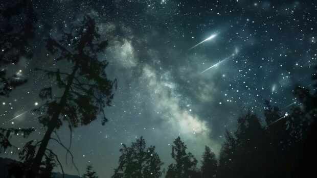 A cool nature celestial night sky filled with shooting stars and galaxies.