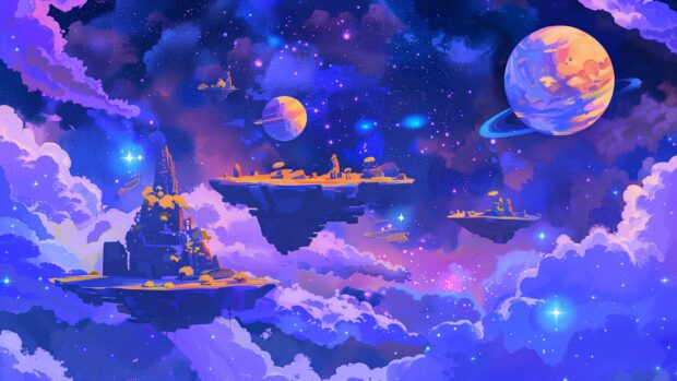 A cool space scene with floating islands and small planets in vibrant colors, surrounded by stars and cosmic clouds.