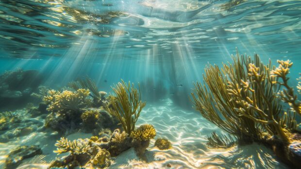 A coral reef seen through crystal clear ocean wallpaper water with sunlight filtering down.