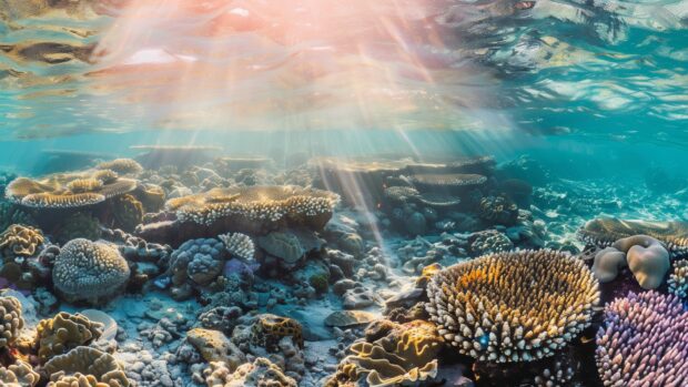 A coral reef seen through crystal clear ocean water with sunlight filtering down.