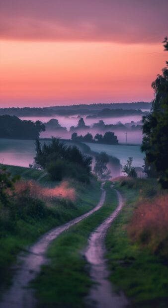 A country road at dawn with soft pastel colors in the sky.